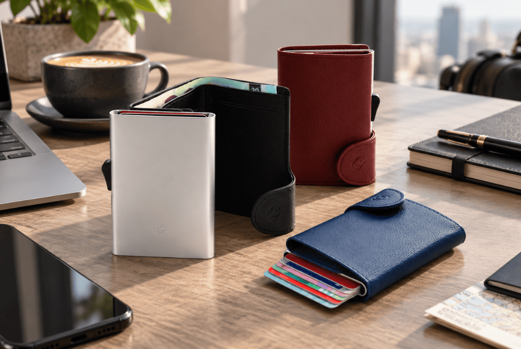 Différents porte-cartes posés sur un bureau